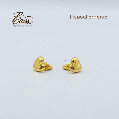 Gold heart-shaped earrings on a white background with 'Ears' brand and 'Hypoallergenic' text.