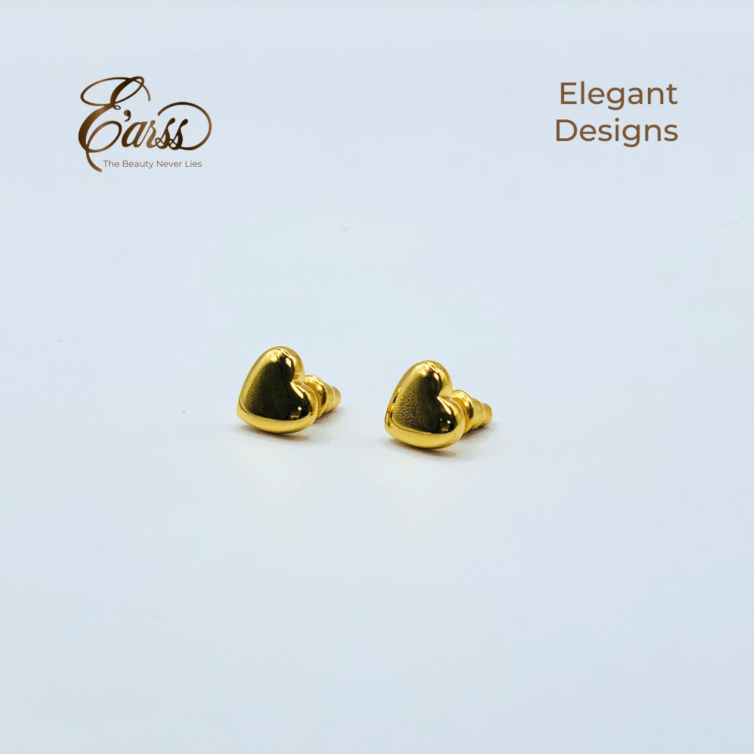 Gold heart-shaped earrings on a light gray background with 'Earss' brand name.