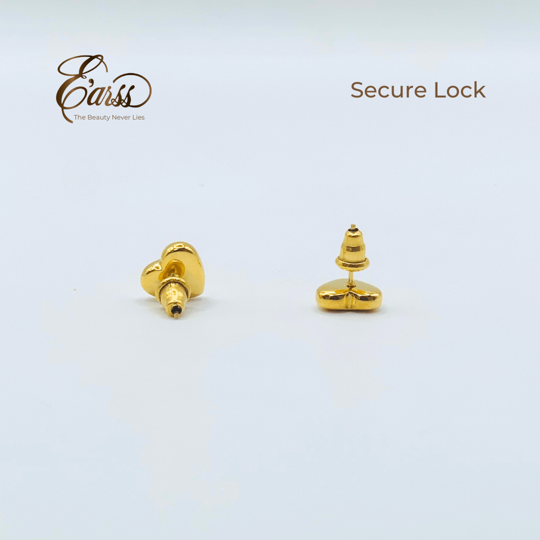 Gold earrings with 'Ears' branding and 'Secure Lock' text on a light gray background