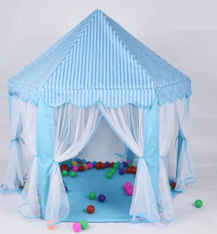 Blue striped children's play tent with white curtains and colorful balls on a white background