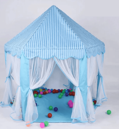 Blue striped children's play tent with white curtains and colorful balls on a white background