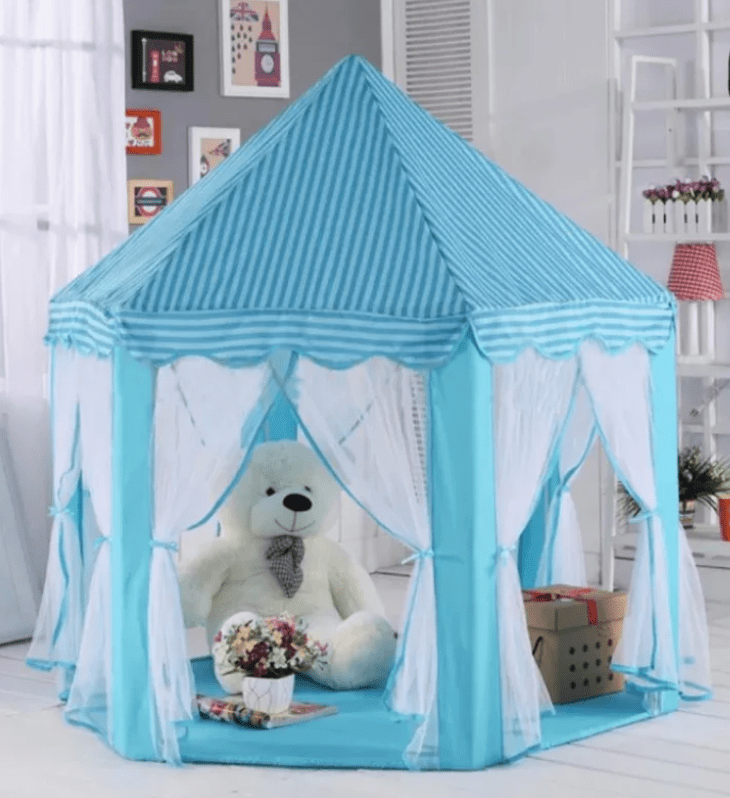 Children's play tent with a blue and white striped canopy, featuring a large teddy bear inside.