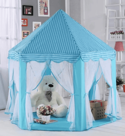 Children's play tent with a blue and white striped canopy, featuring a large teddy bear inside.