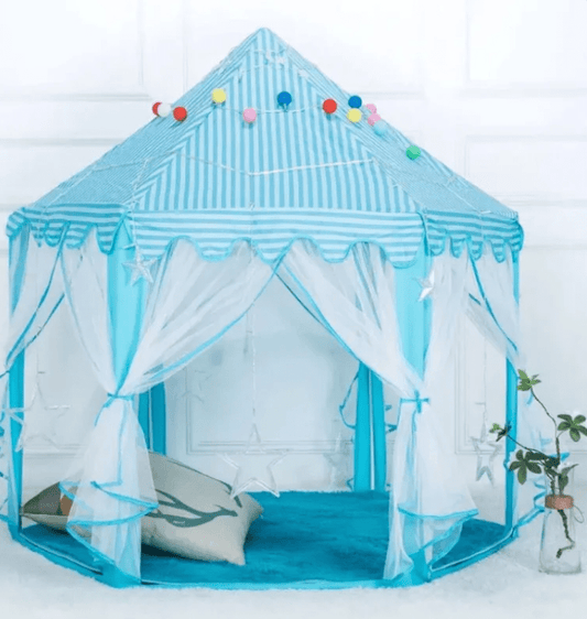 Children's play tent with blue and white striped canopy and curtains on a white background