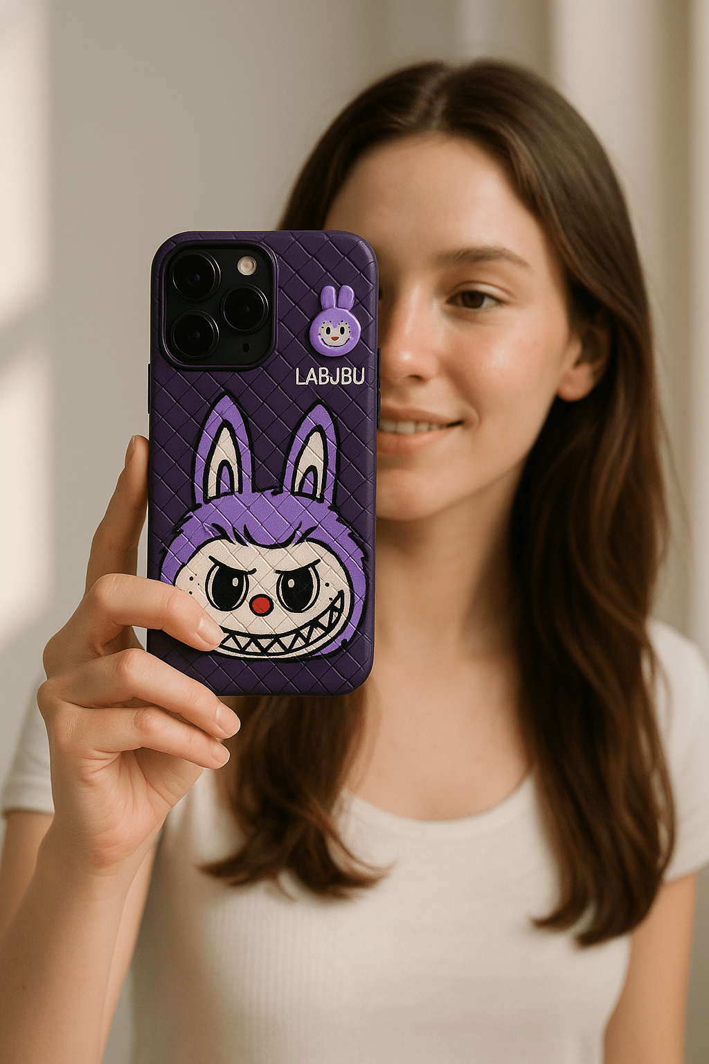 Person holding a phone with a purple cartoon character case, smiling.