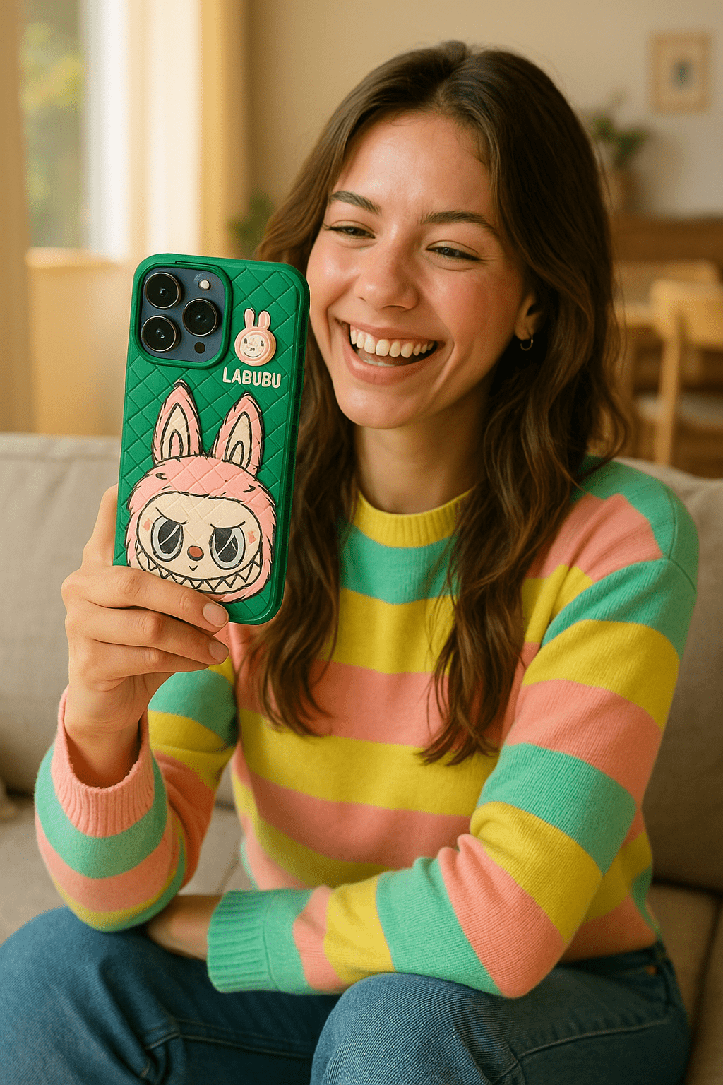 Woman holding a phone with a colorful case featuring a cartoon character, sitting on a couch.