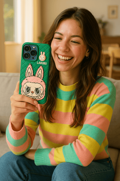 Woman holding a phone with a colorful case featuring a cartoon character, sitting on a couch.