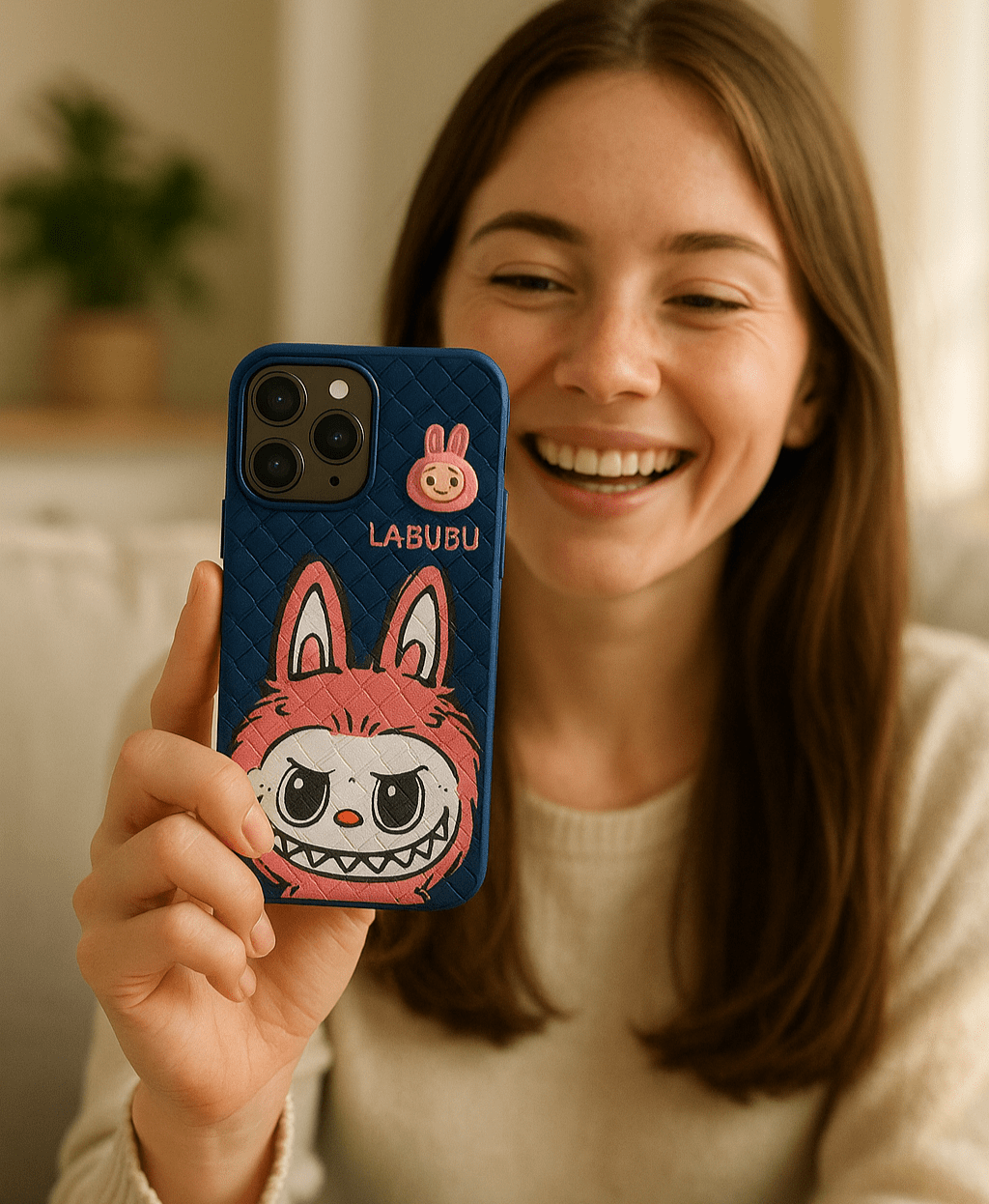 Woman holding a phone with a colorful case featuring a cartoon character, smiling.