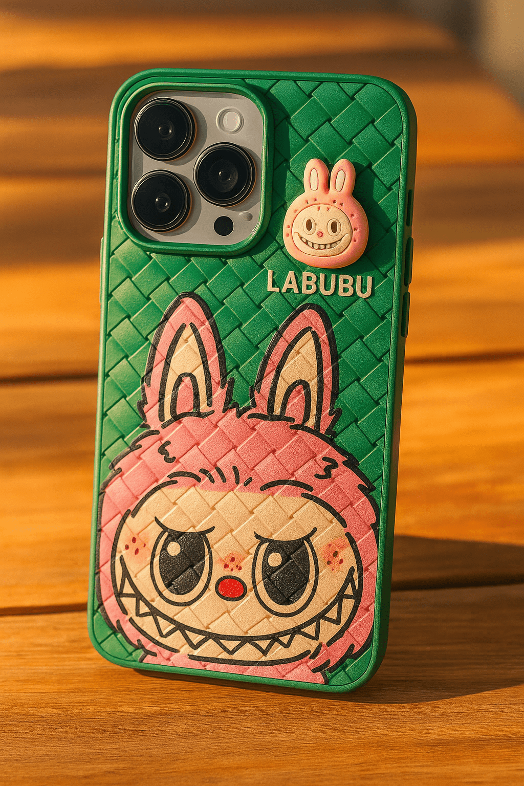 Phone case with cartoon character design on a wooden surface