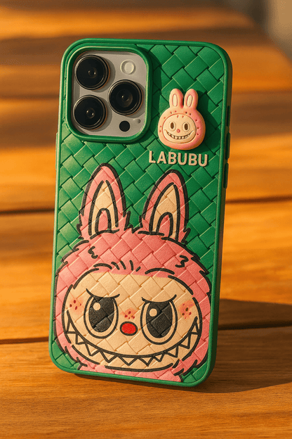 Phone case with cartoon character design on a wooden surface