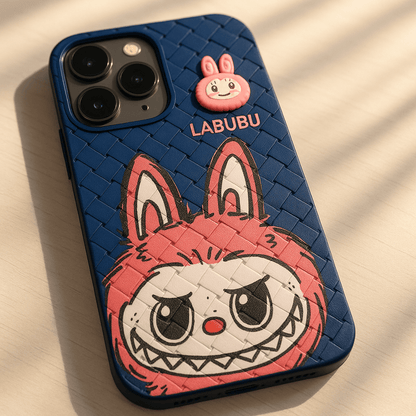 Phone case with cartoon design and LABUBU branding on a beige background