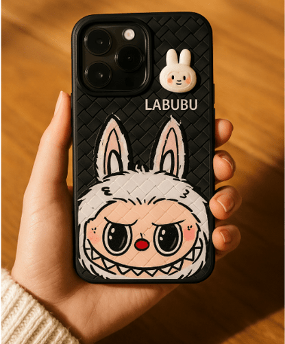 Phone case with cartoon character design held by a hand on a wooden surface, featuring the brand 'LABUBU'.