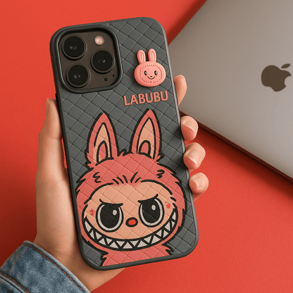 Phone case with cartoon design held by a hand on a red background