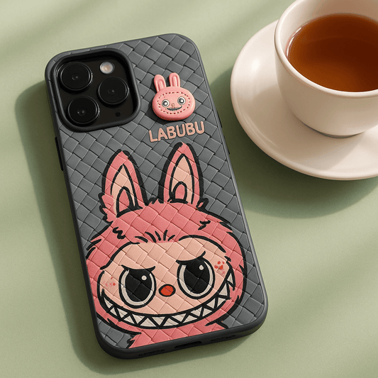 Phone case with labubu character design on a green surface with a cup of tea.