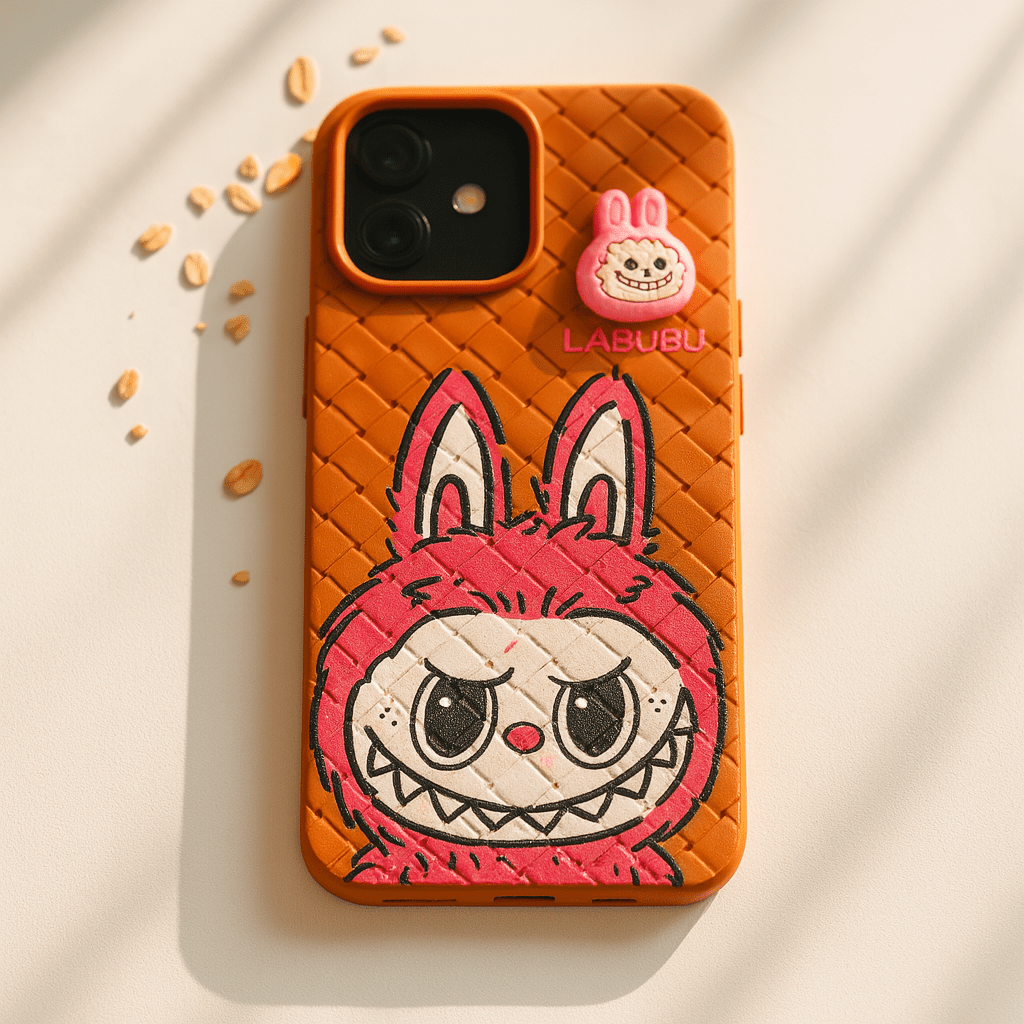Phone case with cartoon character design on a light background