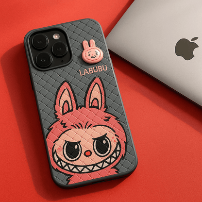 Phone case with cartoon character design on a red surface, featuring the brand 'LABUBU'.