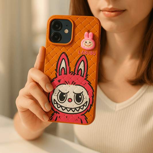 Person holding a phone with a labubu character case, featuring the brand 'LABUBU'.