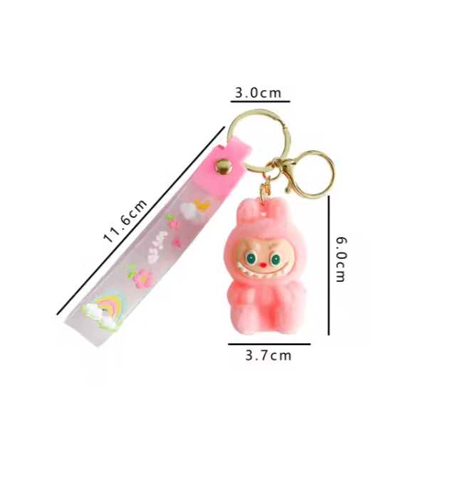 Pink keychain with measurements on a white background