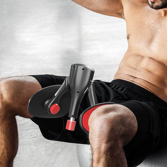 Person using a leg exercise machine with a white background
