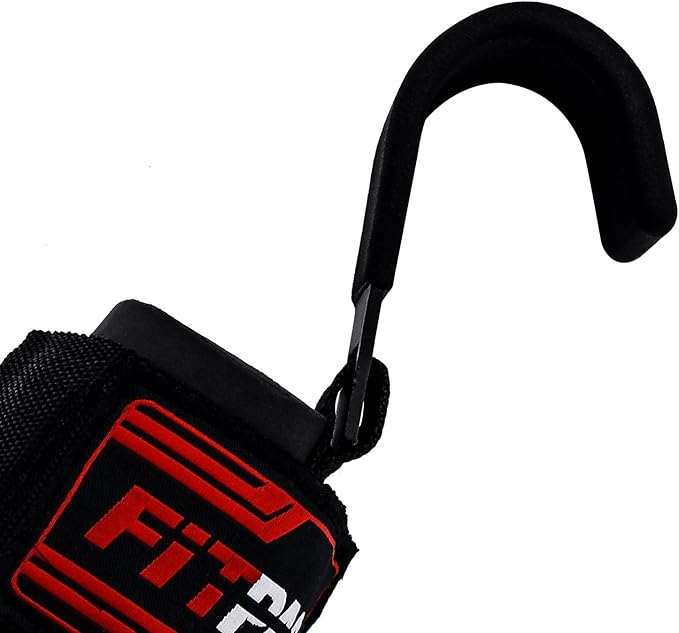 Black and red weightlifting belt with a hook on a white background
