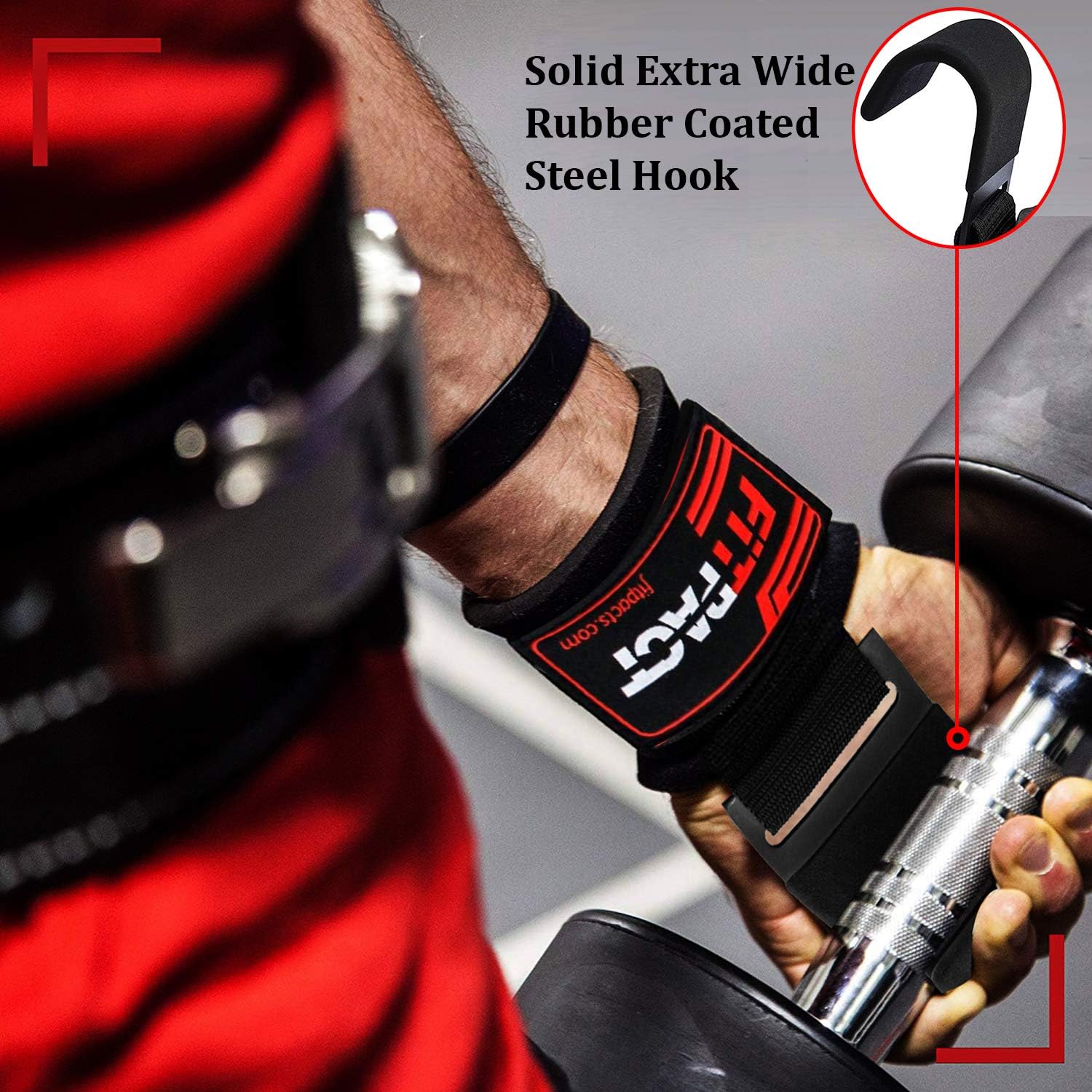 Person wearing a black wrist wrap with red text, holding a metal tool, with an inset showing a steel hook.