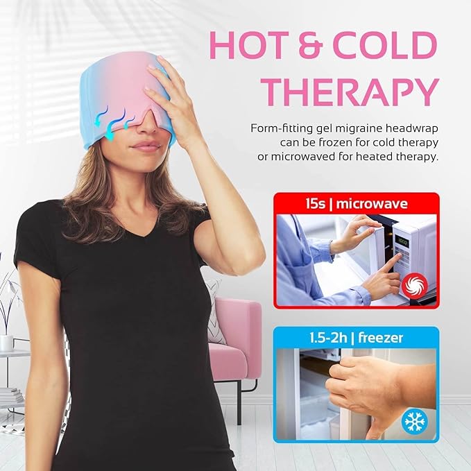 Woman wearing a hot and cold therapy gel headband with usage instructions on a white background.