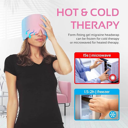 Woman wearing a hot and cold therapy gel headband with usage instructions on a white background.