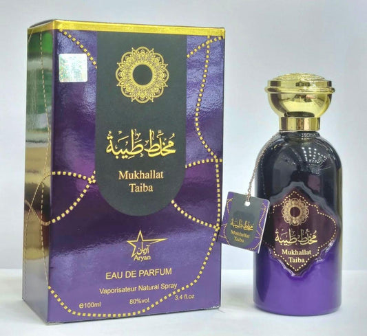 Mukhallat Taiba perfume bottle and packaging on a white background