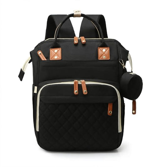 Black backpack with brown accents on a white background