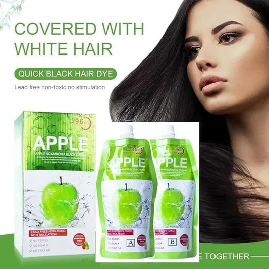 Quick black hair dye with packaging and a woman with black hair against a green background