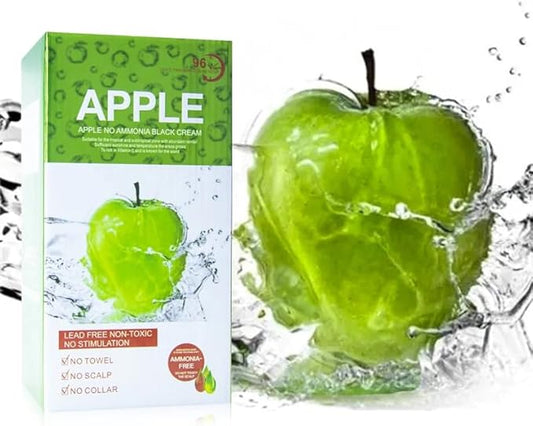 Green apple with water droplets and a box labeled 'Apple' on a white background