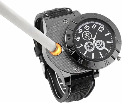 Black wristwatch with detailed face and leather strap on a white background
