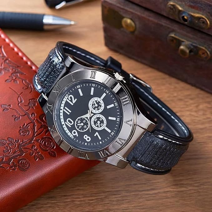 Wristwatch with black leather strap on a wooden surface