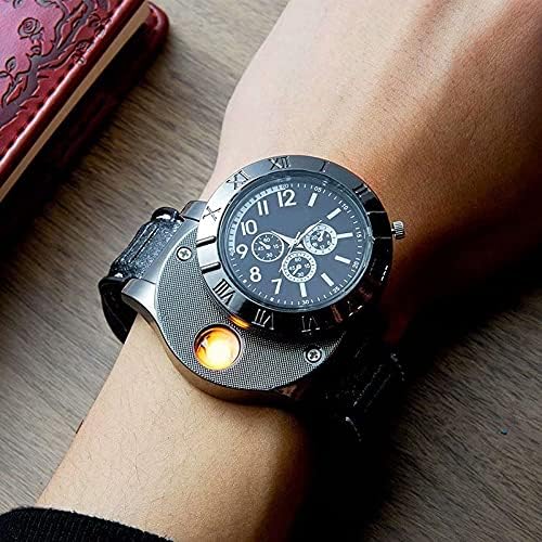 Wrist wearing a large, detailed watch with a dark face and metallic band on a wooden surface.