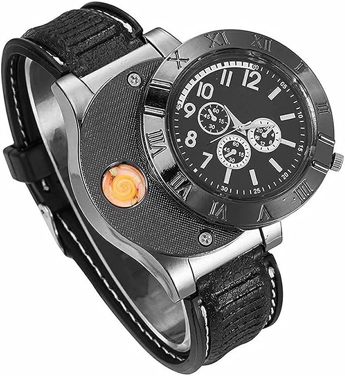 Black and silver watch with a unique design on a white background