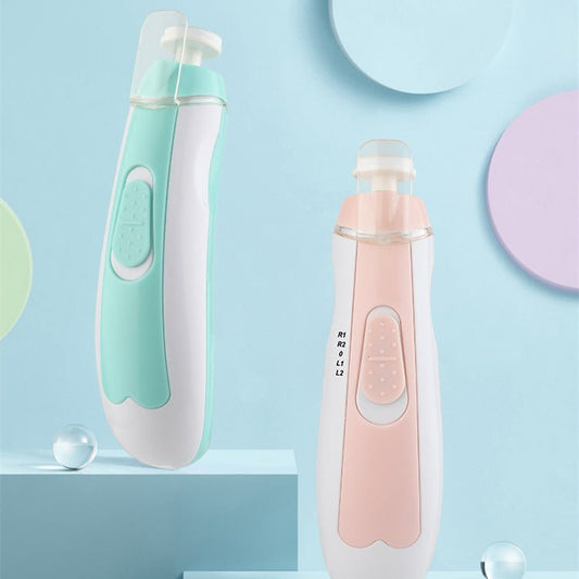 Two newborn nail-clipper handheld devices, one green and one pink, on a light blue background.