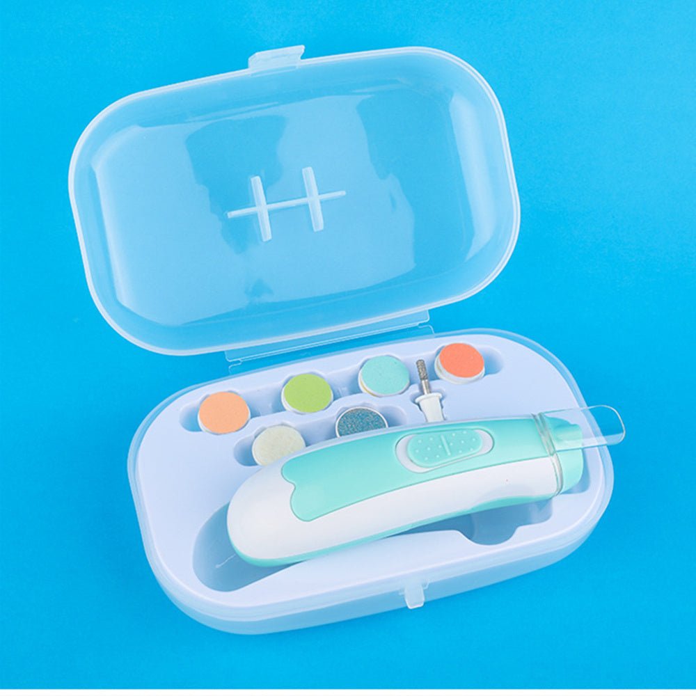Portable nail drill set with accessories in a clear case on a blue background