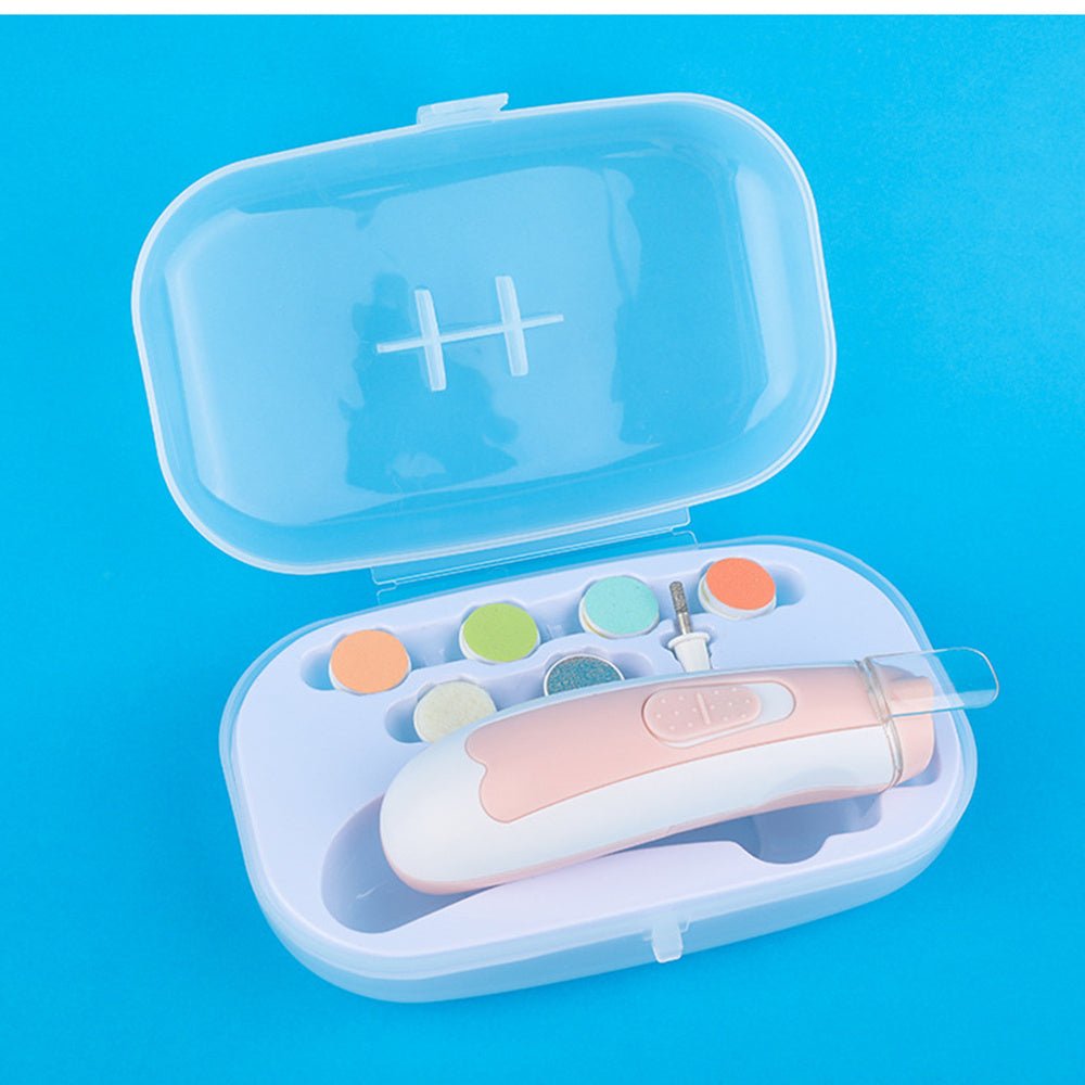 Small electronic device with colorful buttons in a clear plastic case on a blue background