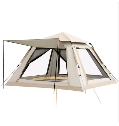 Beige camping tent with mesh side panels on a white background