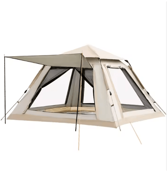 Beige camping tent with mesh side panels on a white background