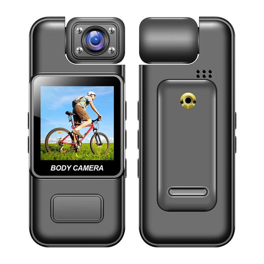 Body camera with screen displaying a person on a bike, shown from front and side views.