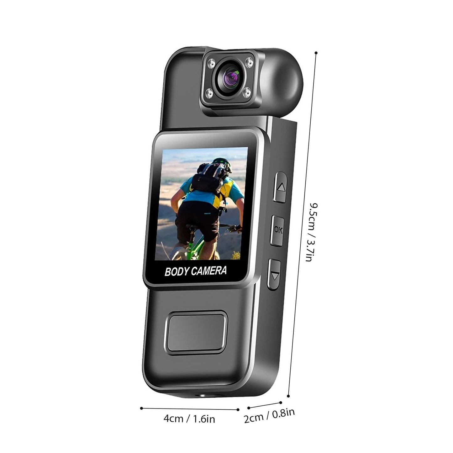 Body camera with screen displaying a person on a skateboard, measurements indicated.