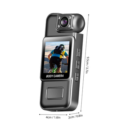 Body camera with screen displaying a person on a skateboard, measurements indicated.