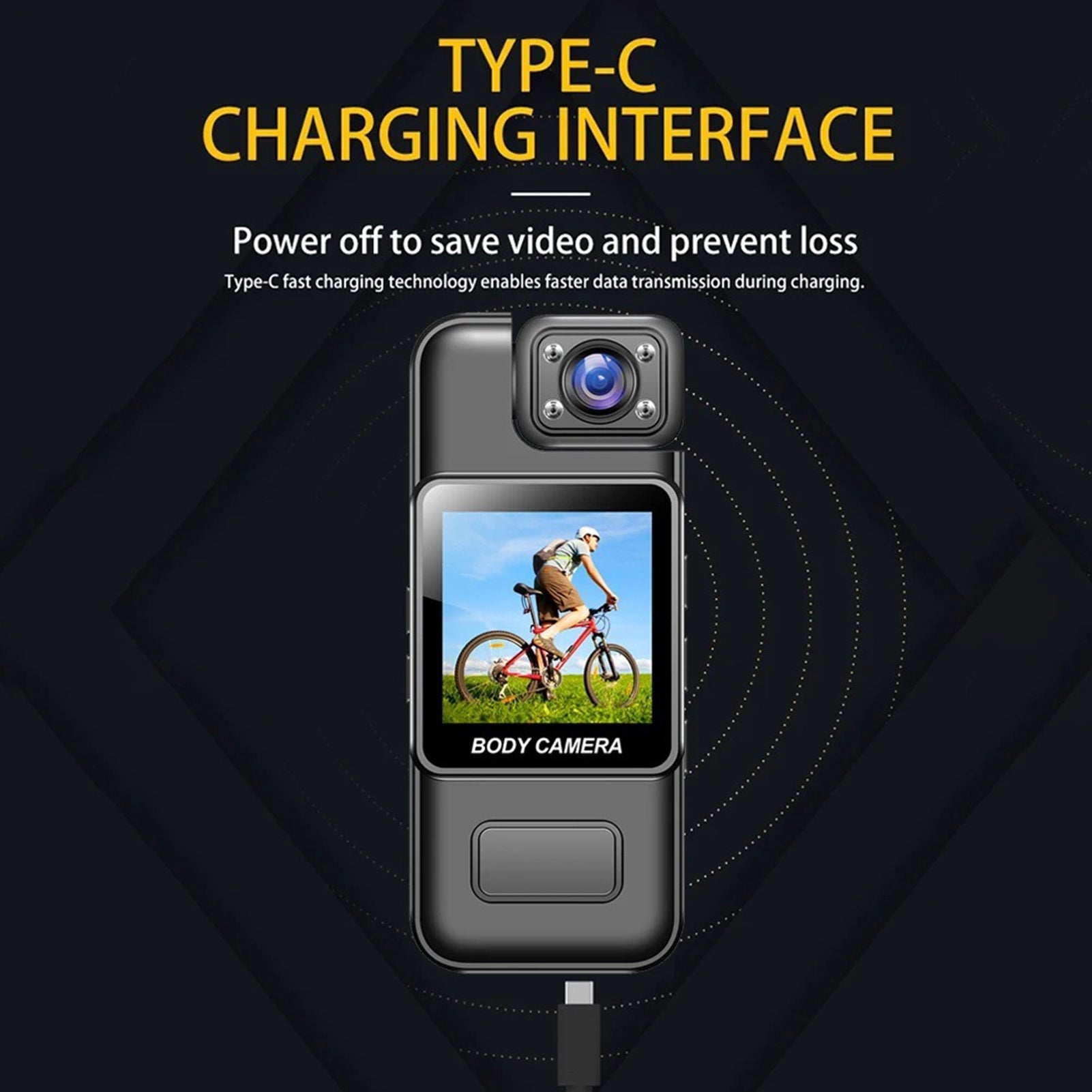 Body camera with Type-C charging interface on a black background
