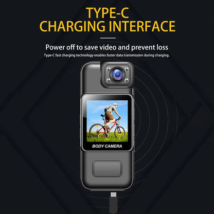 Body camera with Type-C charging interface on a black background