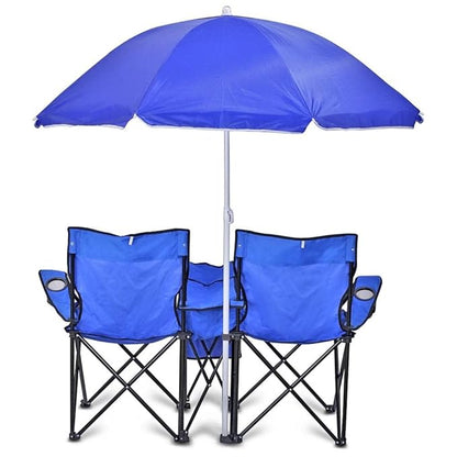 Blue folding chairs with an umbrella on a white background