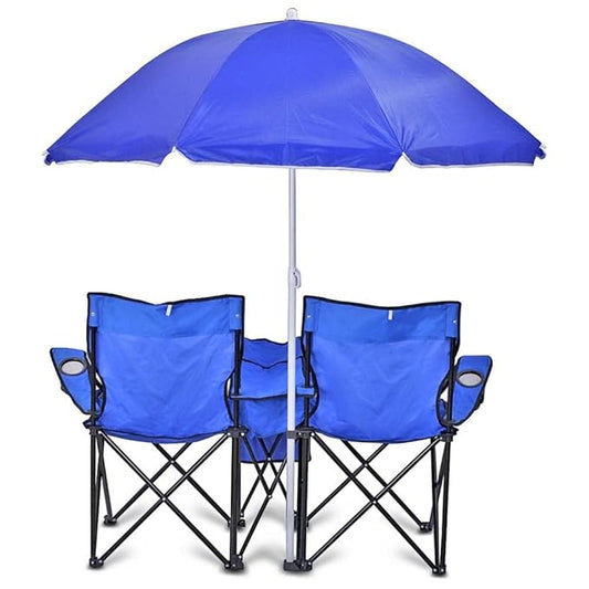 Blue folding chairs with an umbrella on a white background