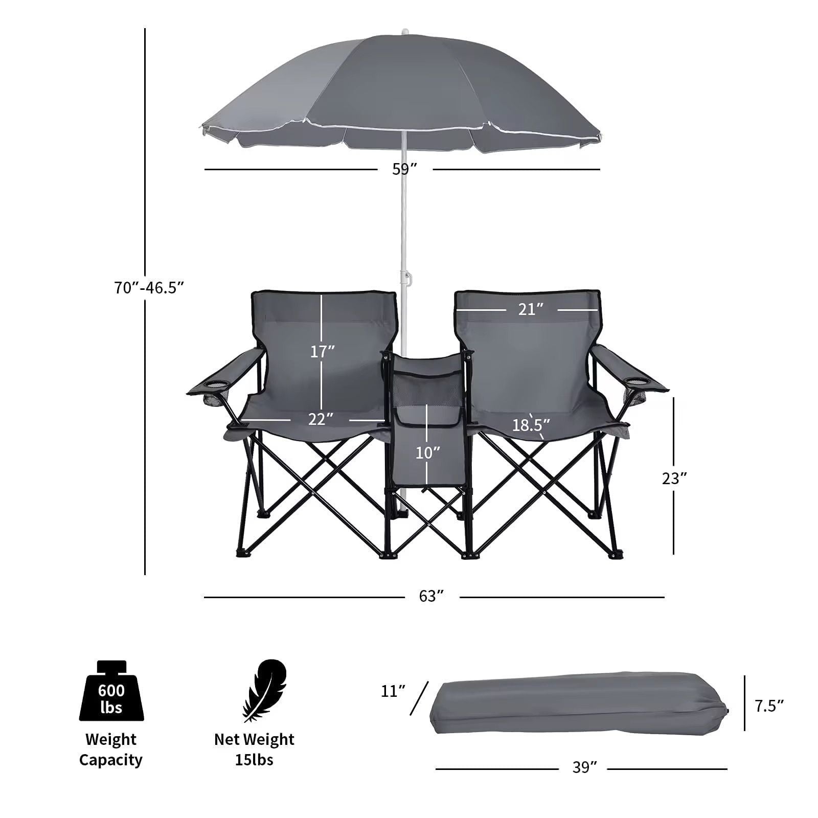 Measurement chart of a gray folding chair with umbrella on a white background