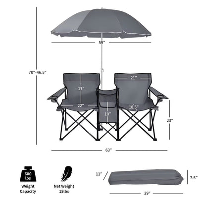 Measurement chart of a gray folding chair with umbrella on a white background