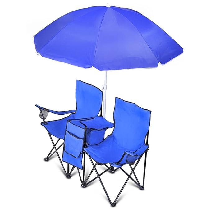Two blue folding chairs with a matching umbrella on a white background